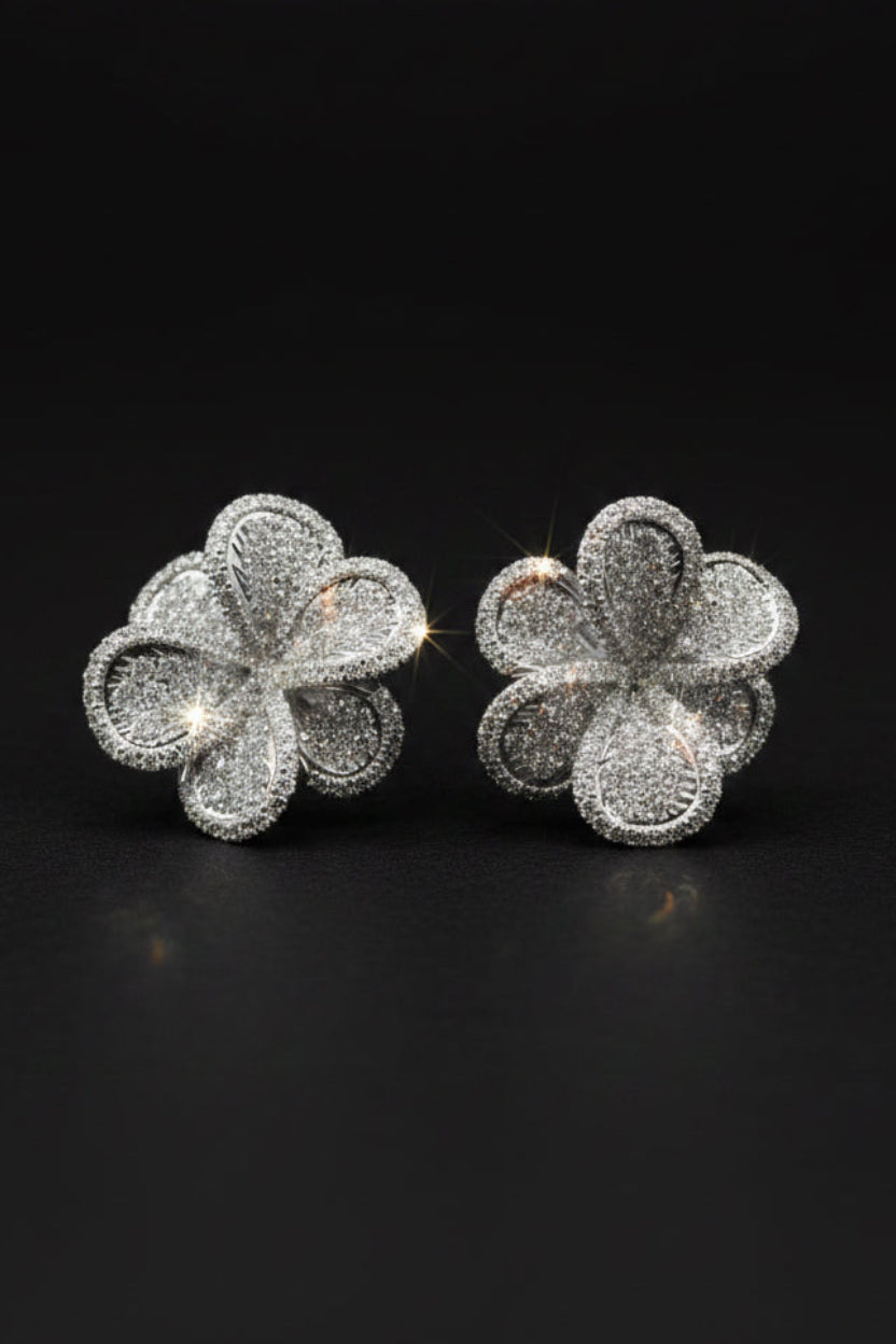 18K White Gold Diamond Flower Studs -Large