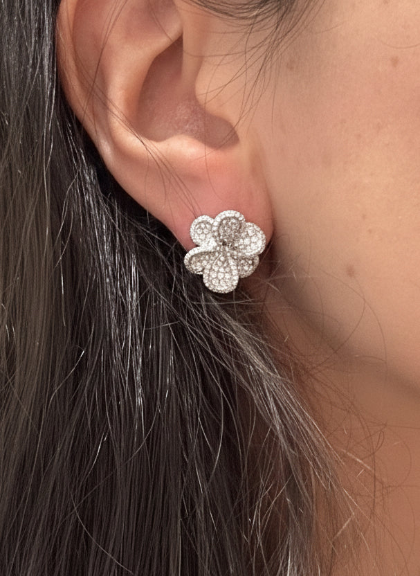 18K White Gold Diamond Flower Studs -Large