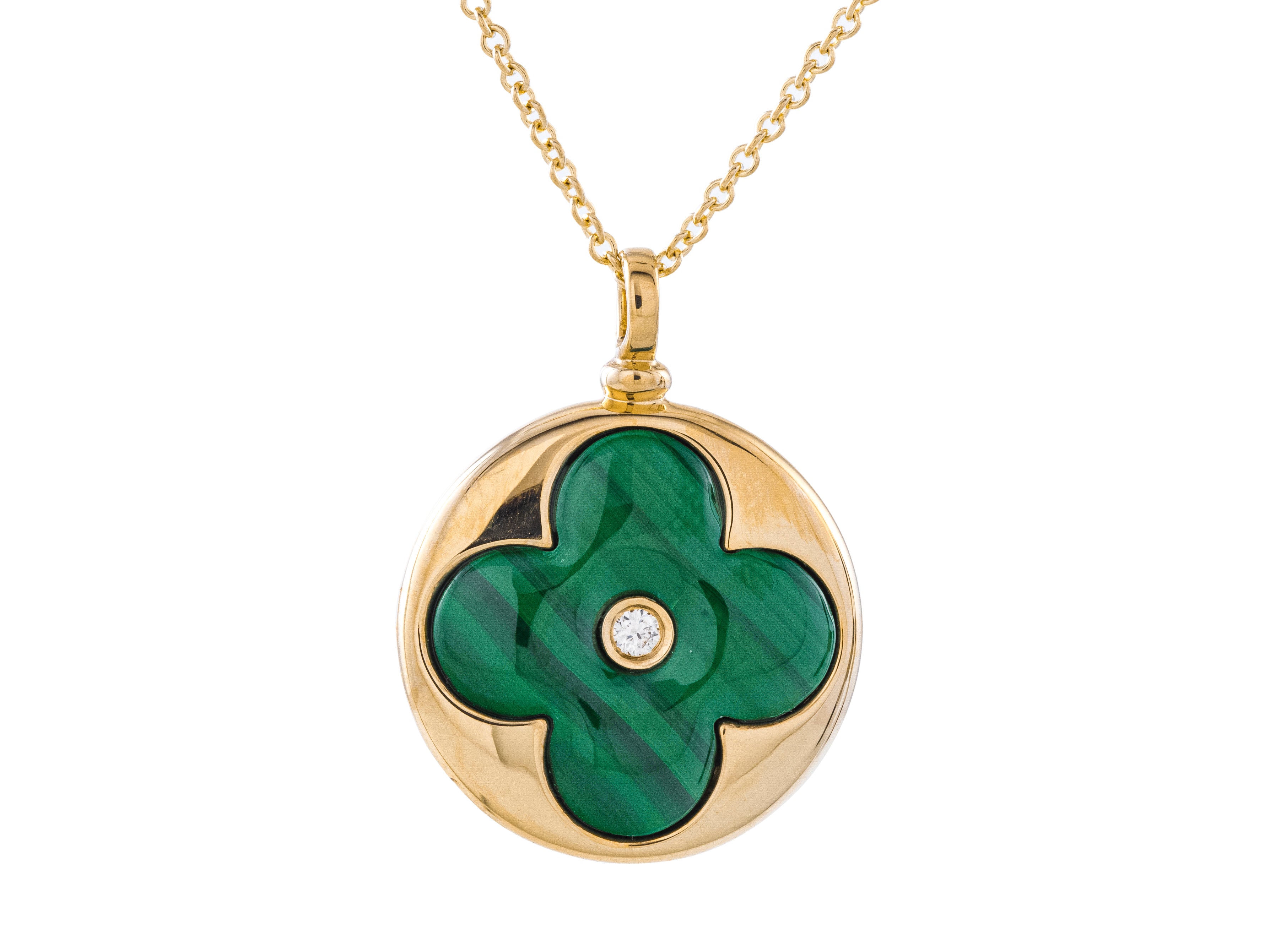 14K Yellow Gold Malachite Clover Diamond Necklace