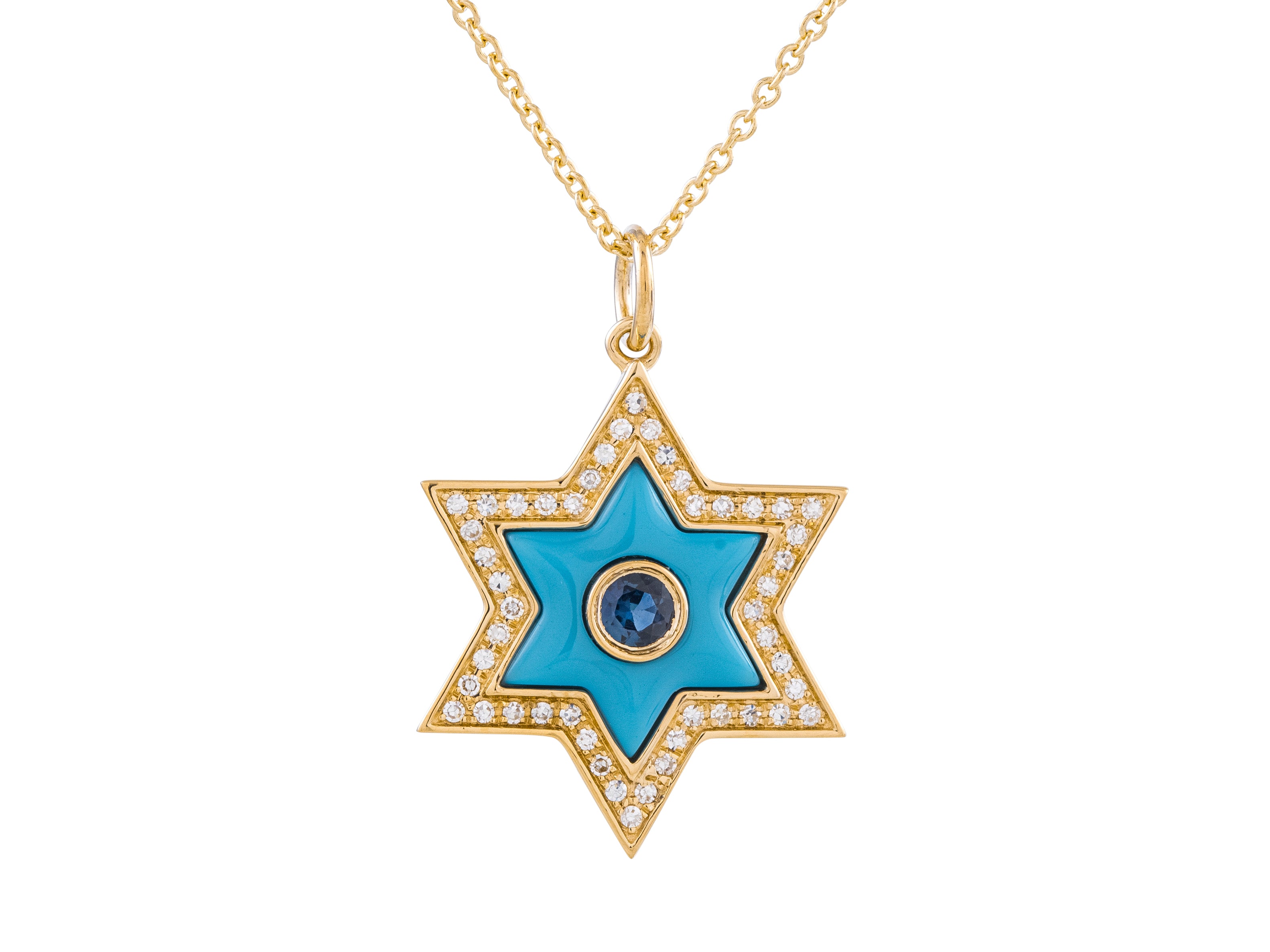 14K Yellow Gold Star Sapphire & Turquoise Diamond Necklace