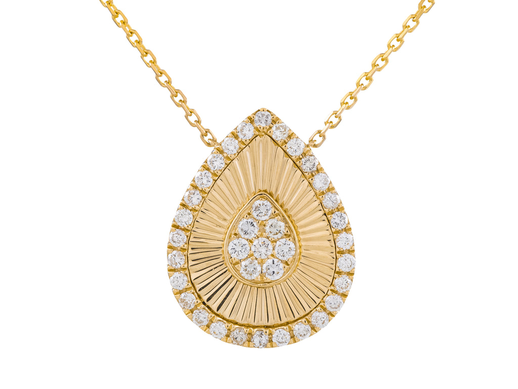 14K Yellow Gold Diamond Teardrop Fluted Pendant Necklace