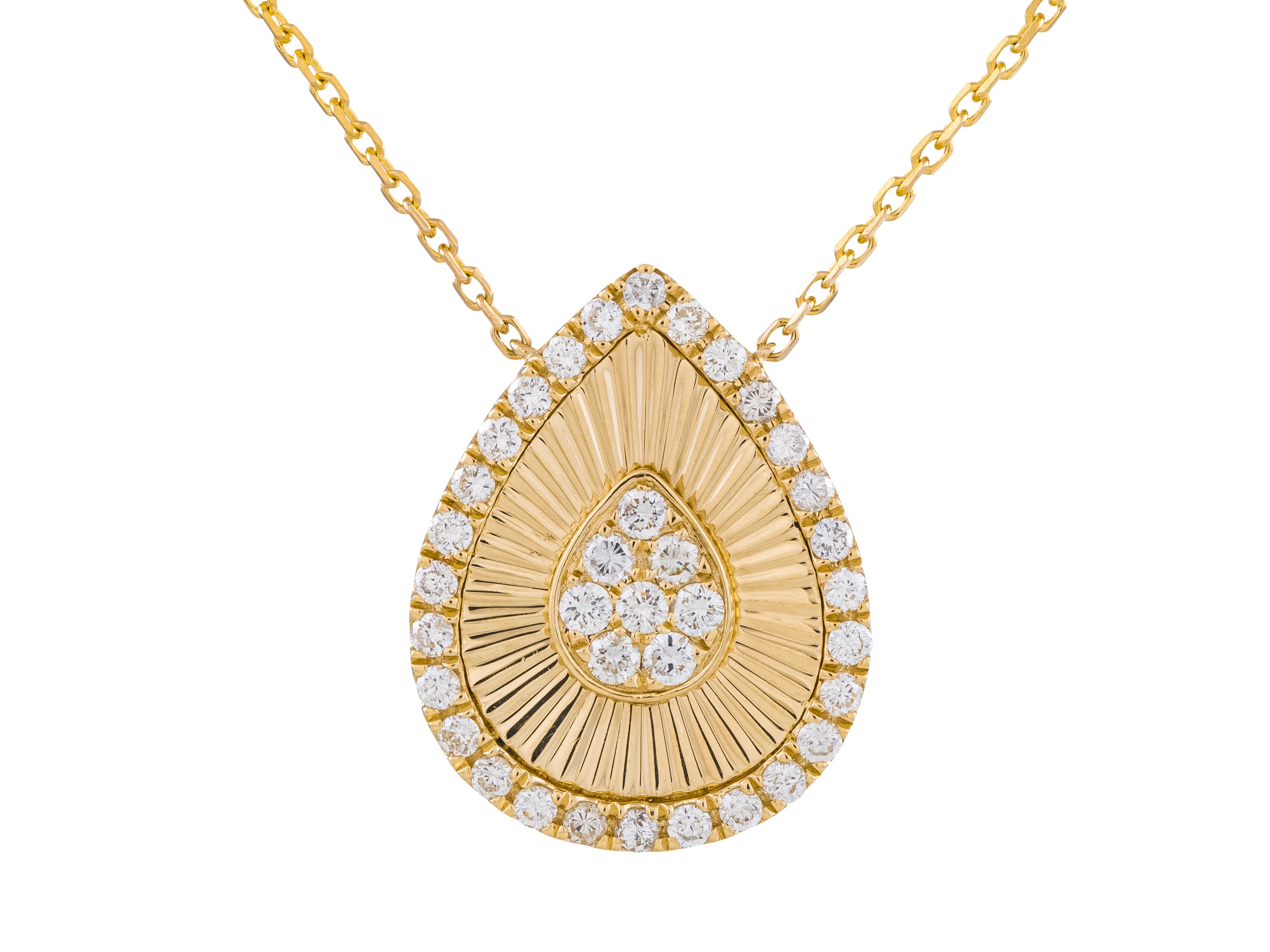 14K Yellow Gold Diamond Teardrop Fluted Pendant Necklace
