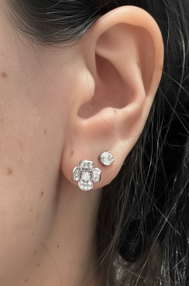 18K White Gold Diamond Flower Studs with Diamond Center - Large