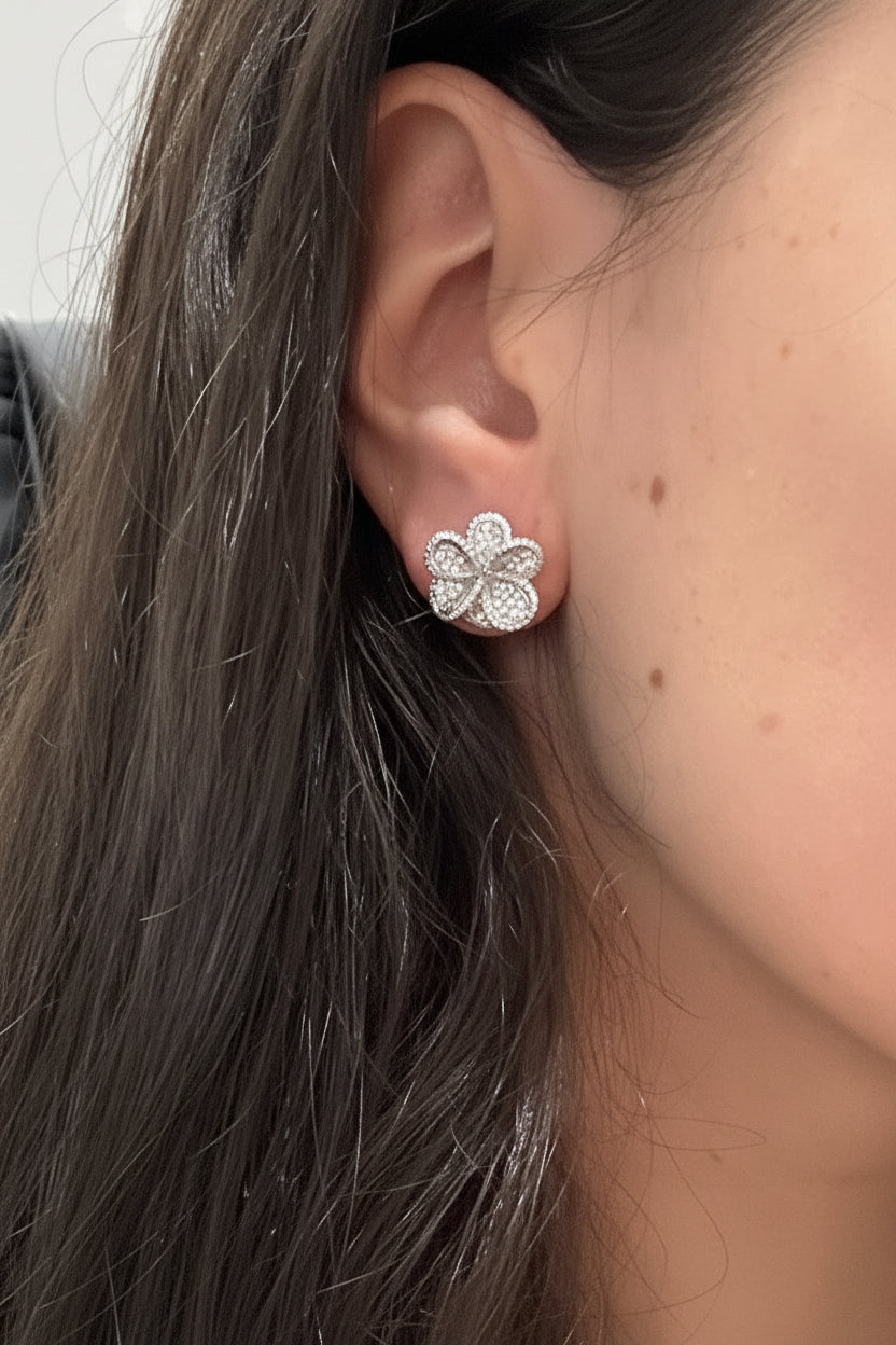 18K White Gold Diamond Flower Studs - Medium