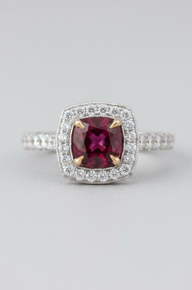 14K Two-Tone Ruby and Diamond Halo Ring