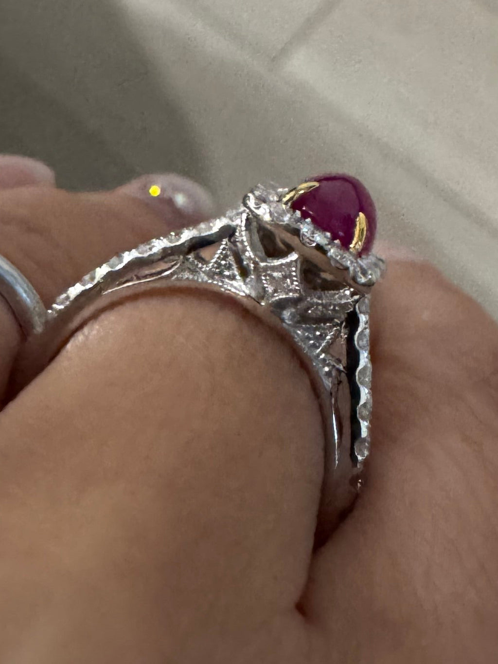 18K Two-Tone Cabochon Ruby and Diamond Halo Ring