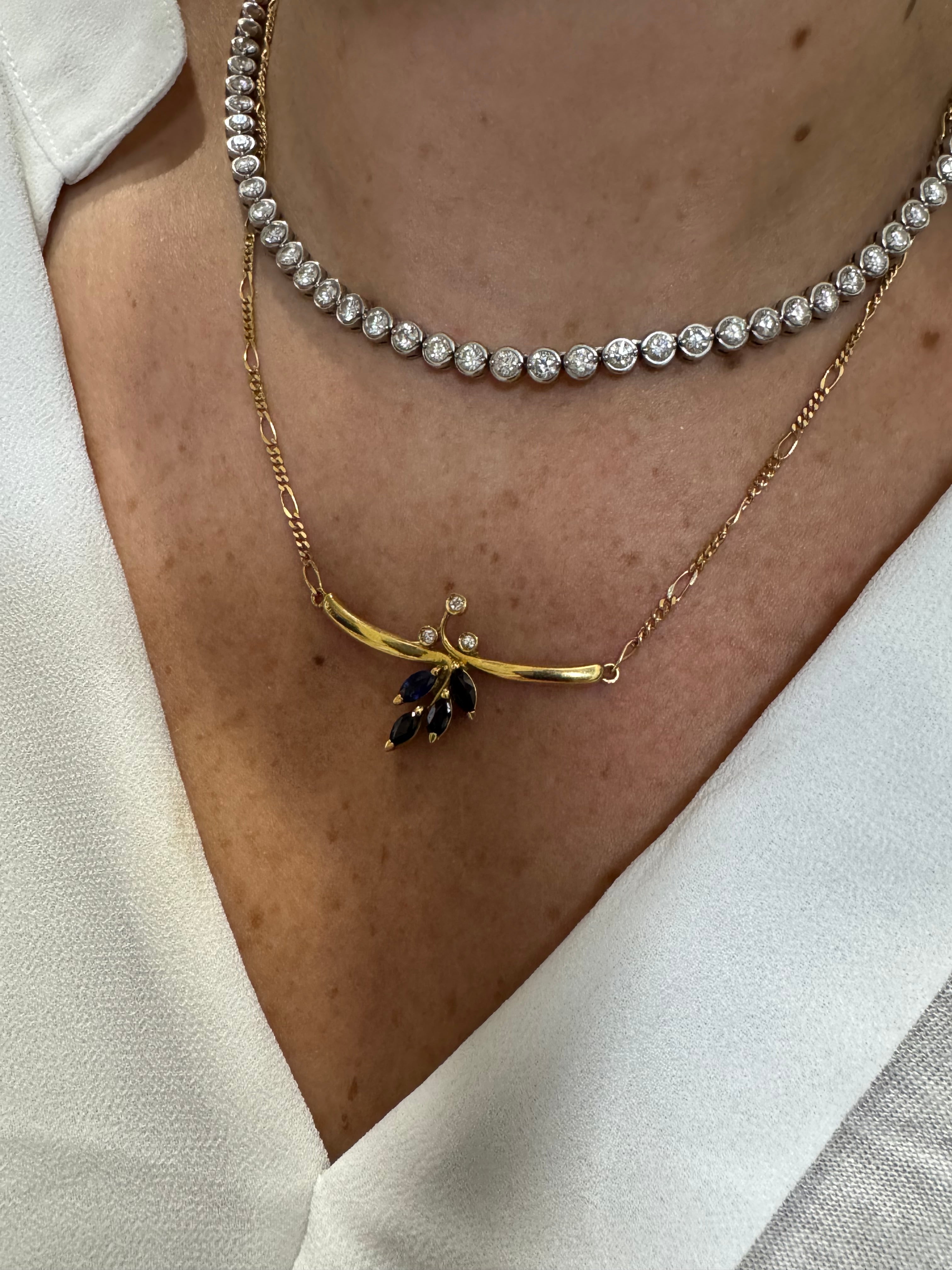 18K Yellow Gold Sapphire and Diamond Bar Necklace