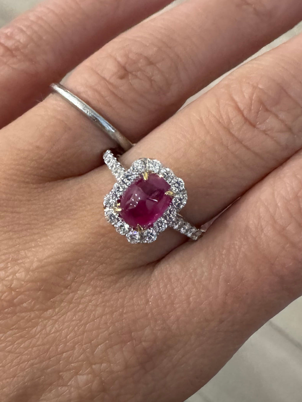 18K Two-Tone Cabochon Ruby and Diamond Halo Ring