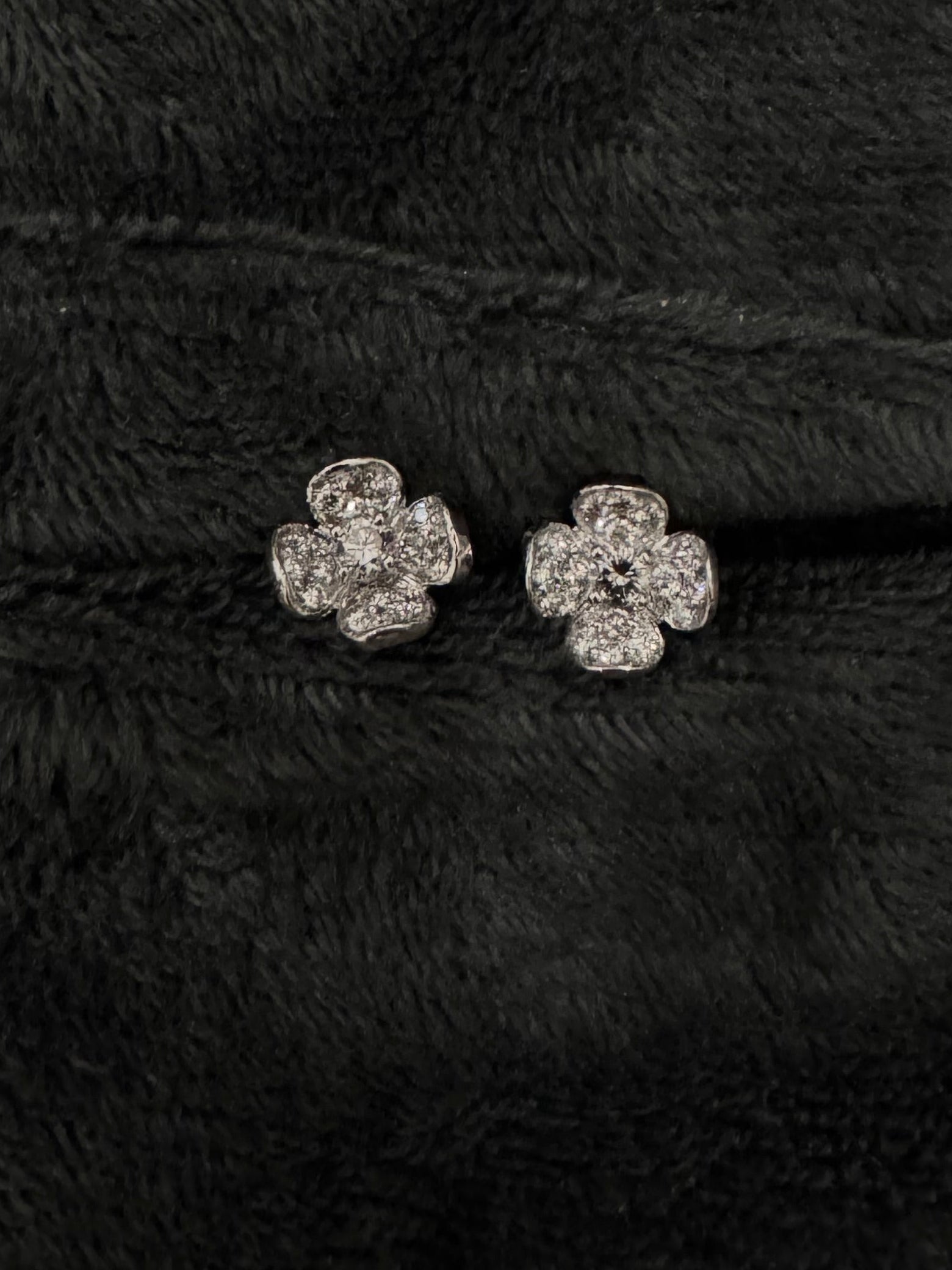 18K White Gold Diamond Flower Studs with Diamond Center -Small