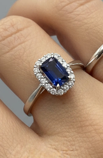 18K White Gold Sapphire and Diamond Halo Ring