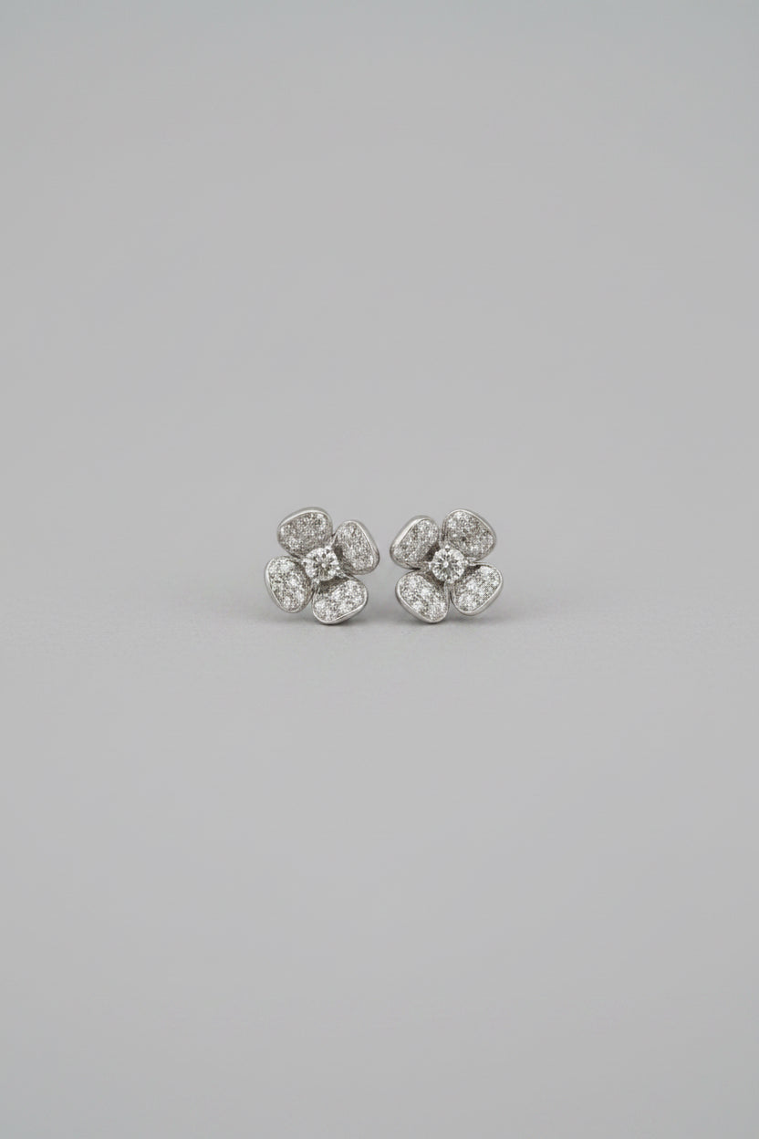 18K White Gold Diamond Flower Studs with Diamond Center - Large