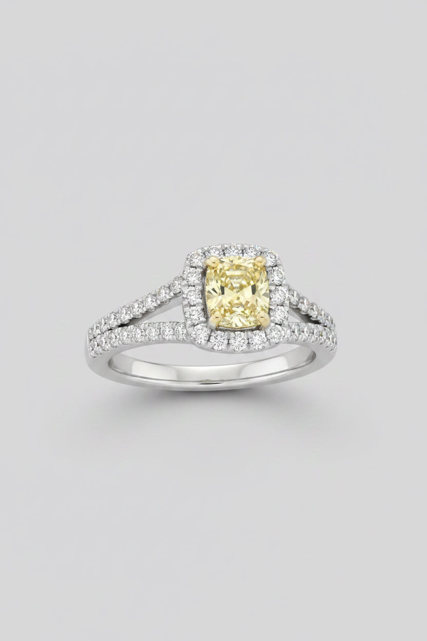 18K Two-Tone Fancy Yellow Diamond Split-Shank Halo Ring