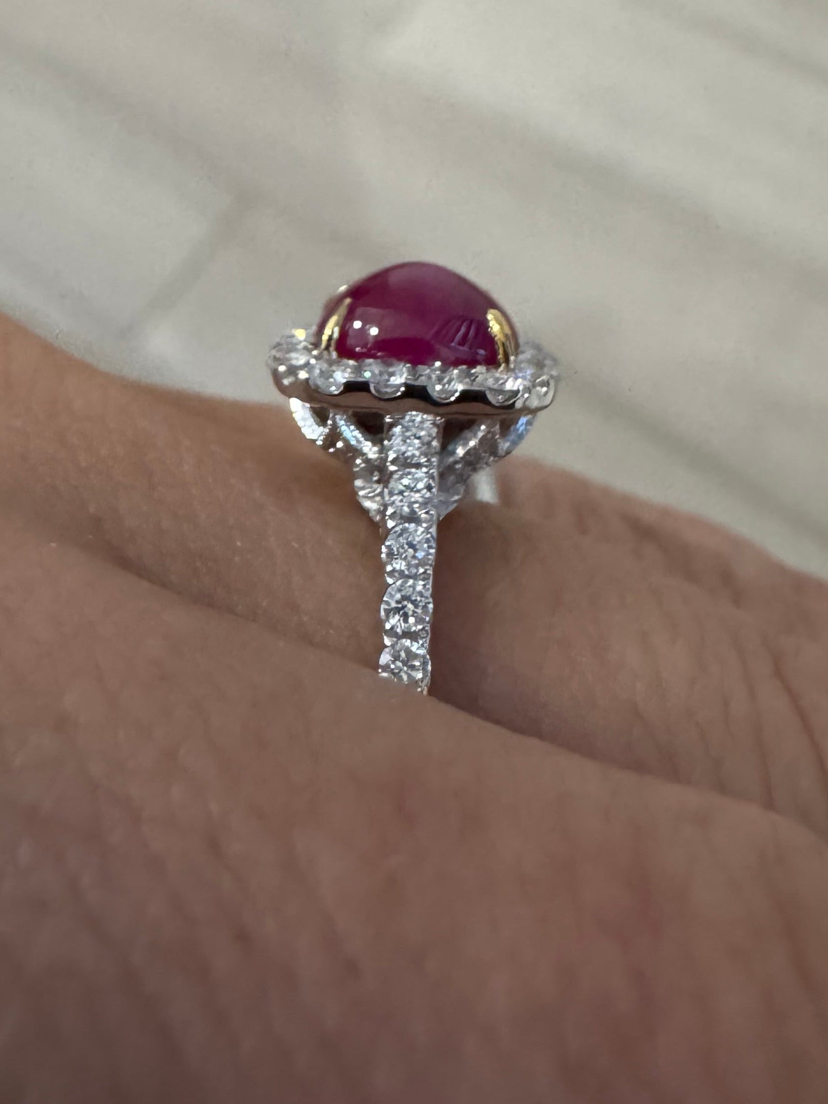 18K Two-Tone Cabochon Ruby and Diamond Halo Ring