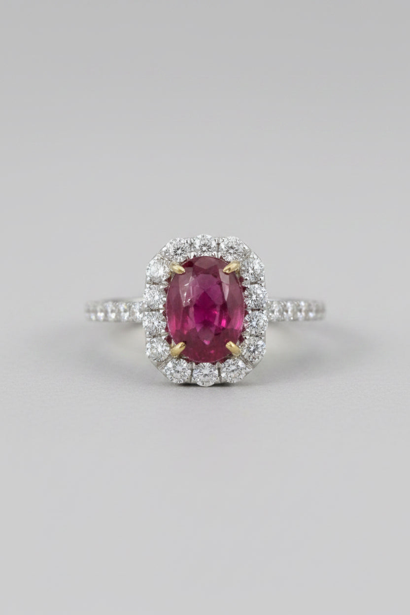 18K Two-Tone Cabochon Ruby and Diamond Halo Ring