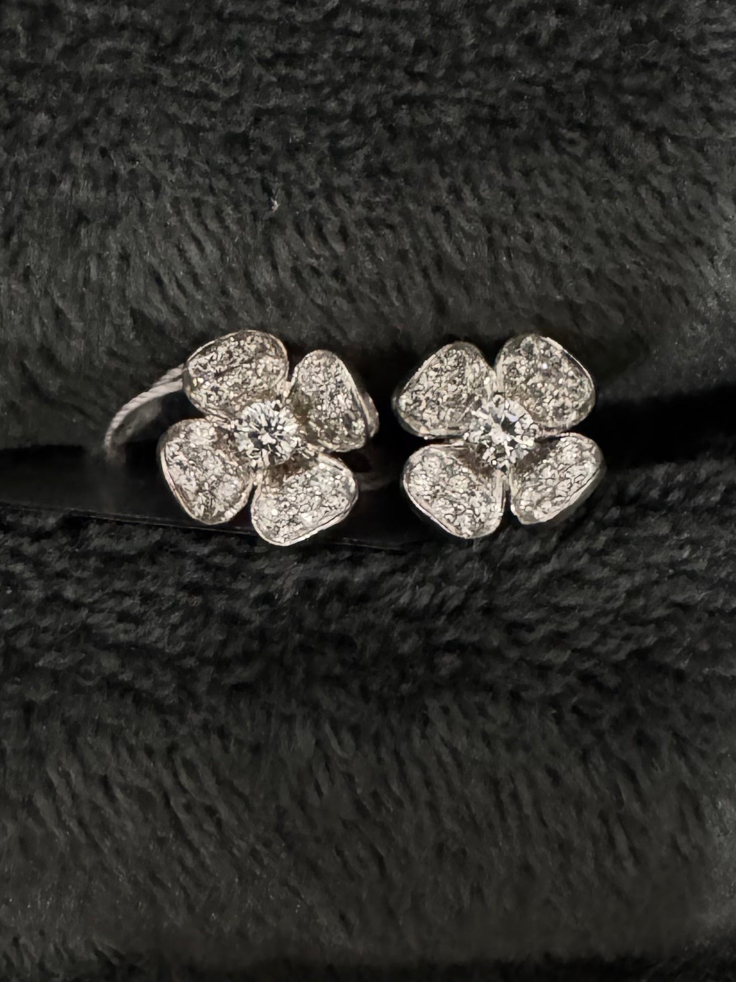 18K White Gold Diamond Flower Studs with Diamond Center - Large