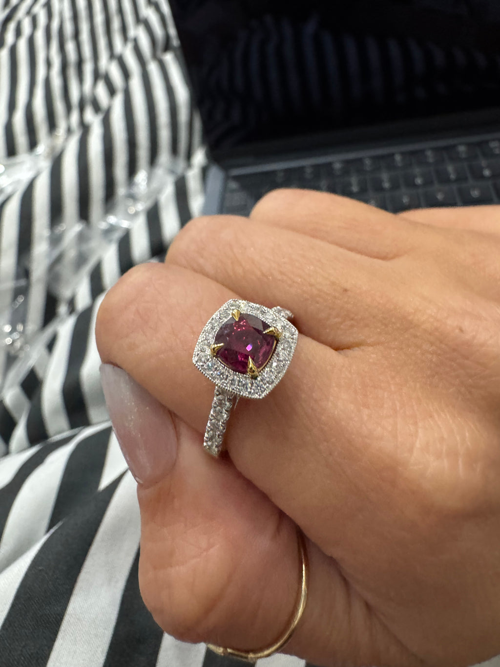 14K Two-Tone Ruby and Diamond Halo Ring