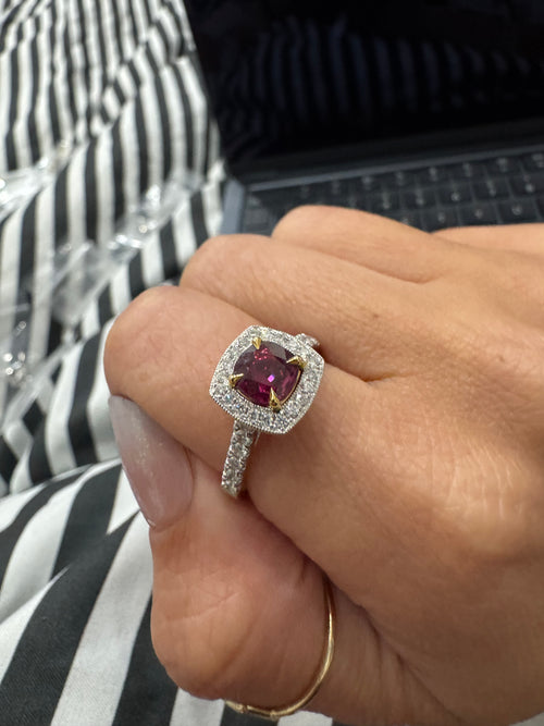 14K Two-Tone Ruby and Diamond Halo Ring