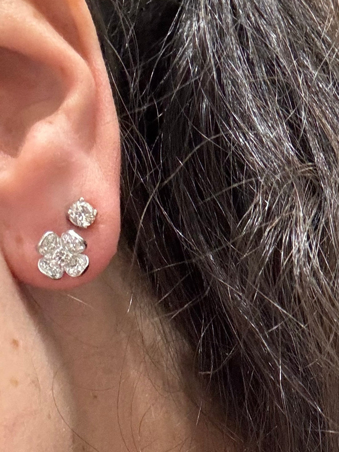 18K White Gold Diamond Flower Studs with Diamond Center -Small