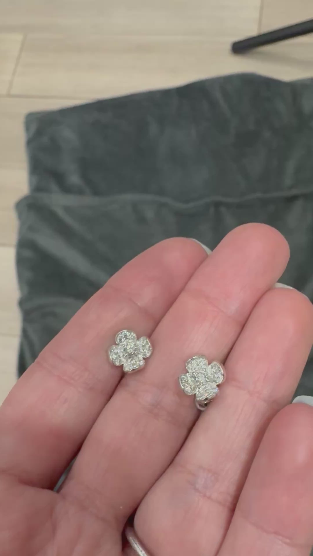 18K White Gold Diamond Flower Studs with Diamond Center -Small